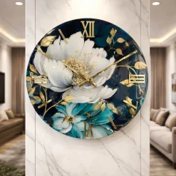 Grande orologio da parete 100cm floreale tondo resina oro cristalli