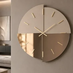 Grande orologio da parete 100 cm tondo specchio bronzo e satinato legno nocciola moderno