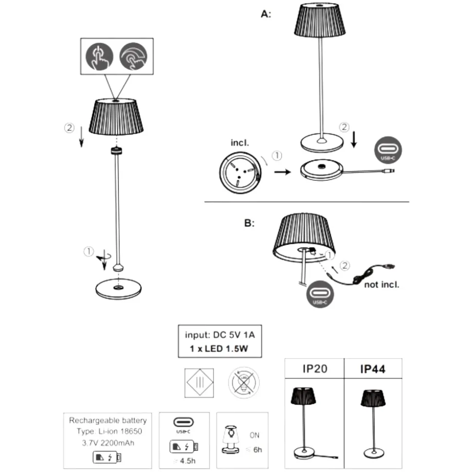 Lampada da tavolo portatile bianca ricaricabile led 3000k