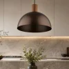 Lampadario cupola marrone in metallo inserti legno pino per cucina