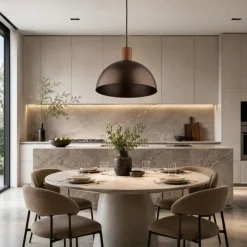 Lampadario cupola marrone in metallo inserti legno pino per cucina