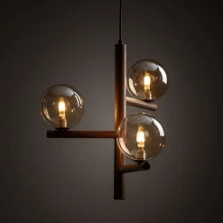 Lampadario stile nordico per cucina in legno noce sfere di vetro ambra