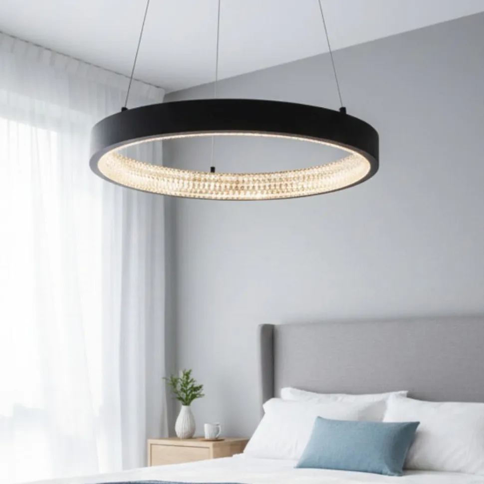 Lampadario ad anello nero 40cm cristalli led 30w 3000k