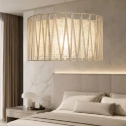 Lampadario a sospensione cilindro tessuto sabbia 40 cm per camera da letto