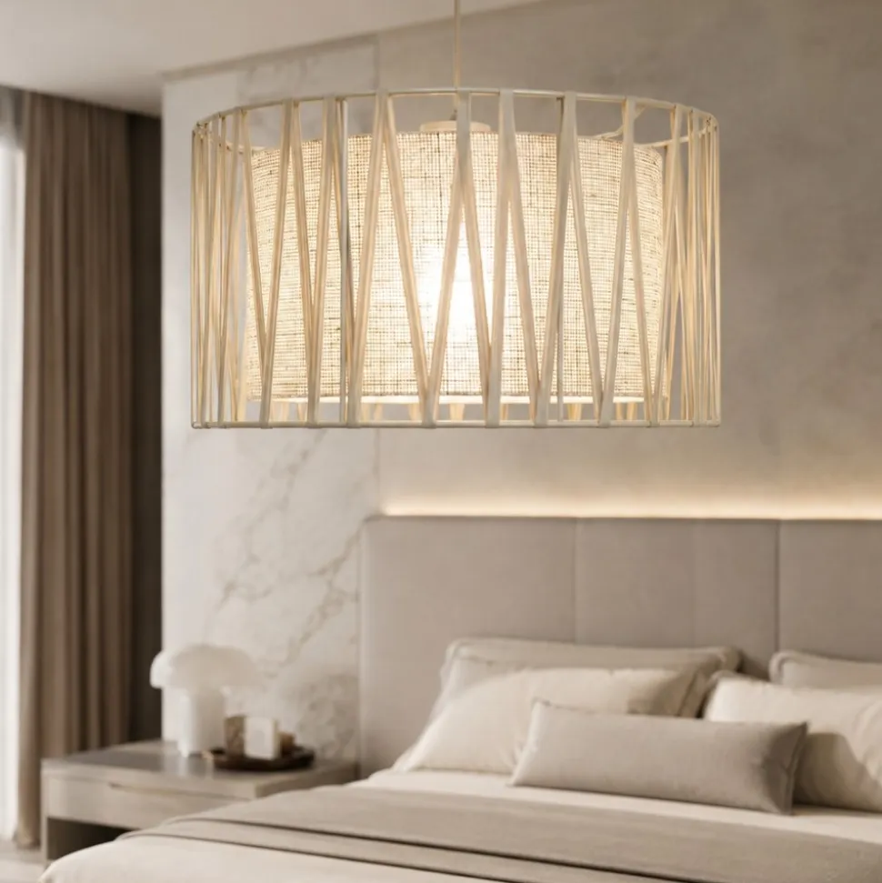Lampadario a sospensione cilindro tessuto sabbia 40 cm per camera da letto