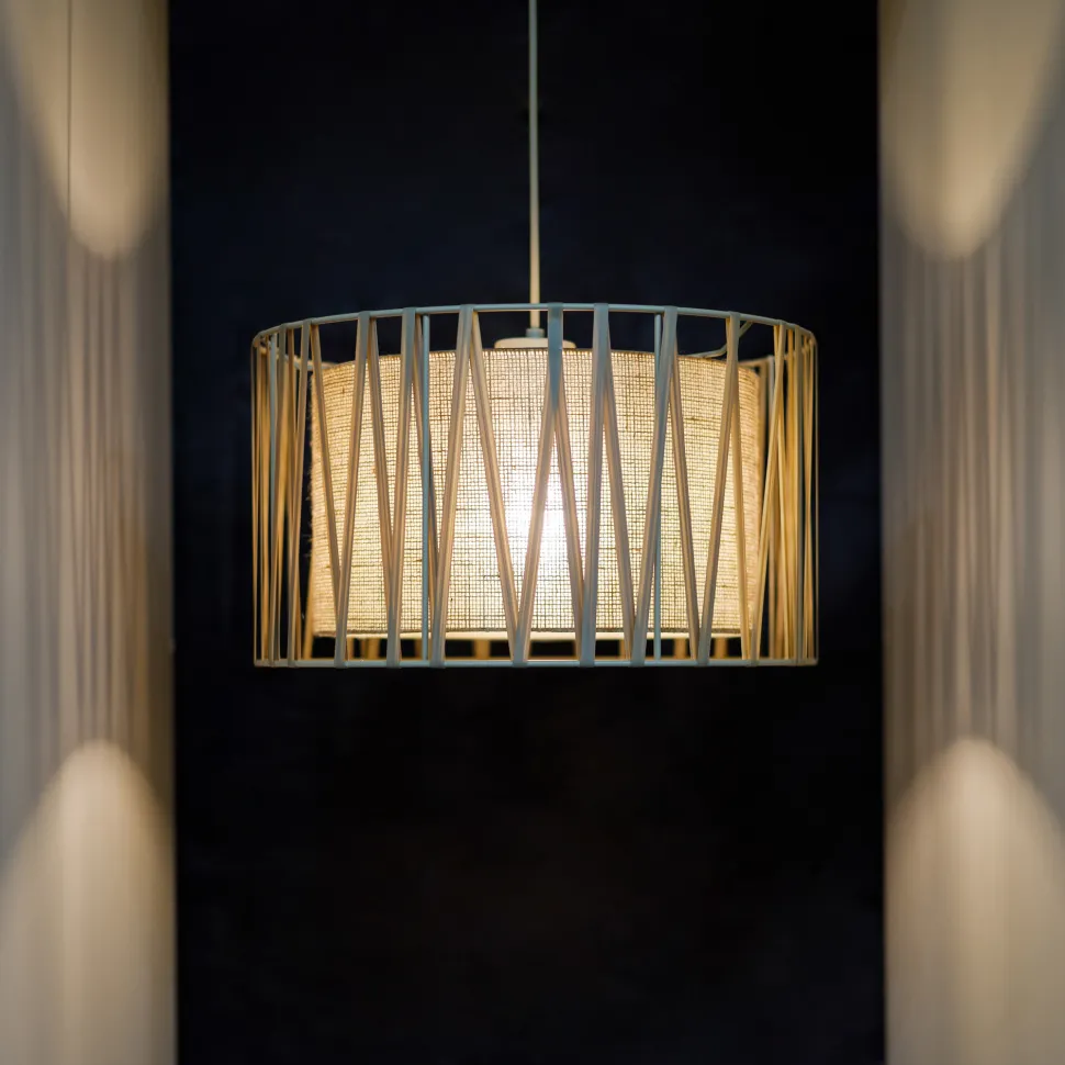 Lampadario a sospensione cilindro tessuto sabbia 40 cm per camera da letto