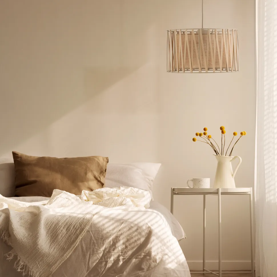 Lampadario a sospensione cilindro tessuto sabbia 40 cm per camera da letto