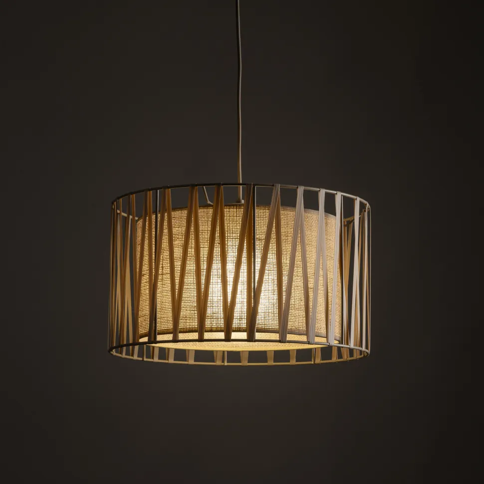 Lampadario a sospensione cilindro tessuto sabbia 40 cm per camera da letto