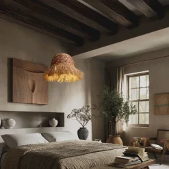 Lampadario a sospensione di rattan giacinto d'acqua intrecciato rafia corda per camera da letto