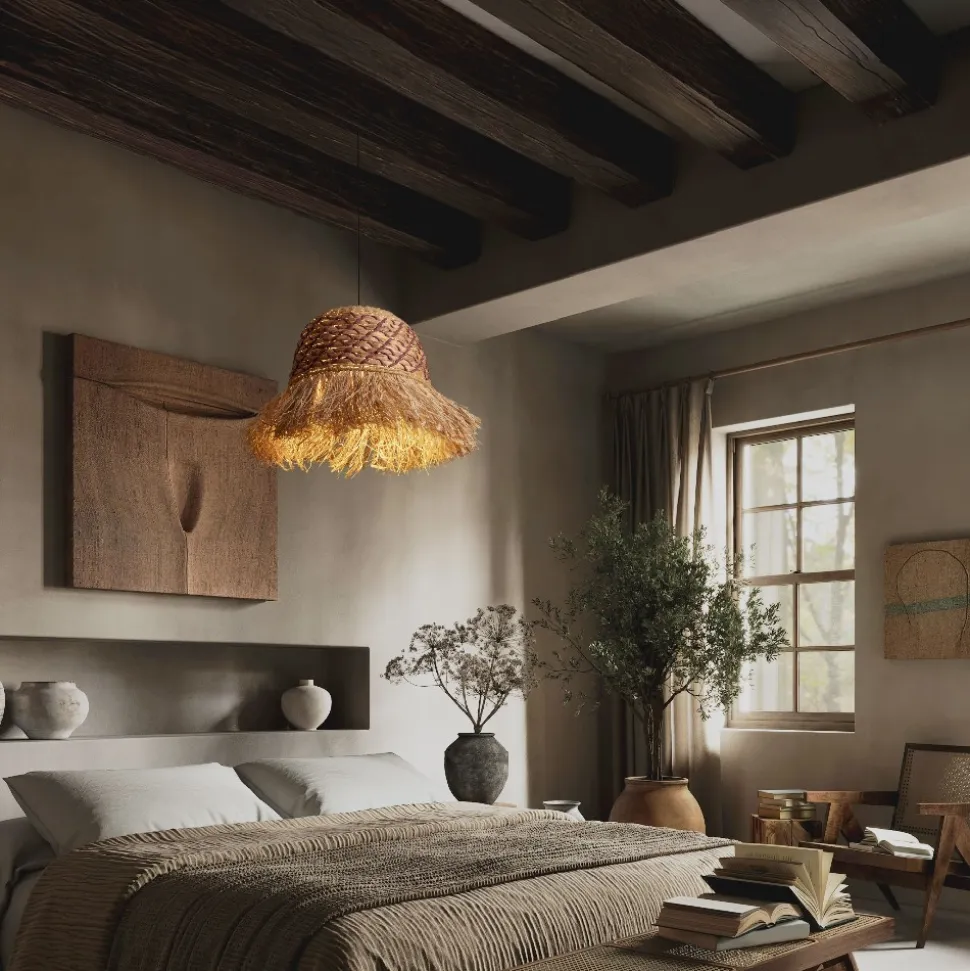 Lampadario a sospensione di rattan giacinto d'acqua intrecciato rafia corda per camera da letto