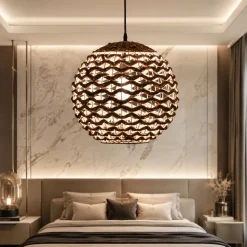 Lampadario a sospensione sfera di rattan e giacinto essiccato per camera da letto