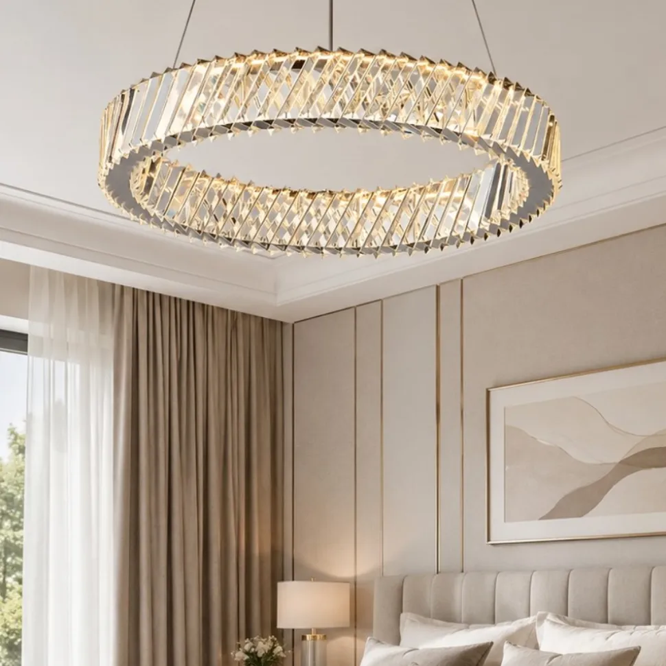 Lampadario cerchio anello di cristallo per camera da letto contemporanea