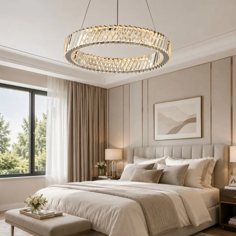 Lampadario cerchio anello di cristallo per camera da letto contemporanea
