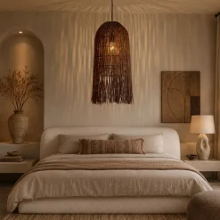 Lampadario di rattan marrone lungo per camera da letto