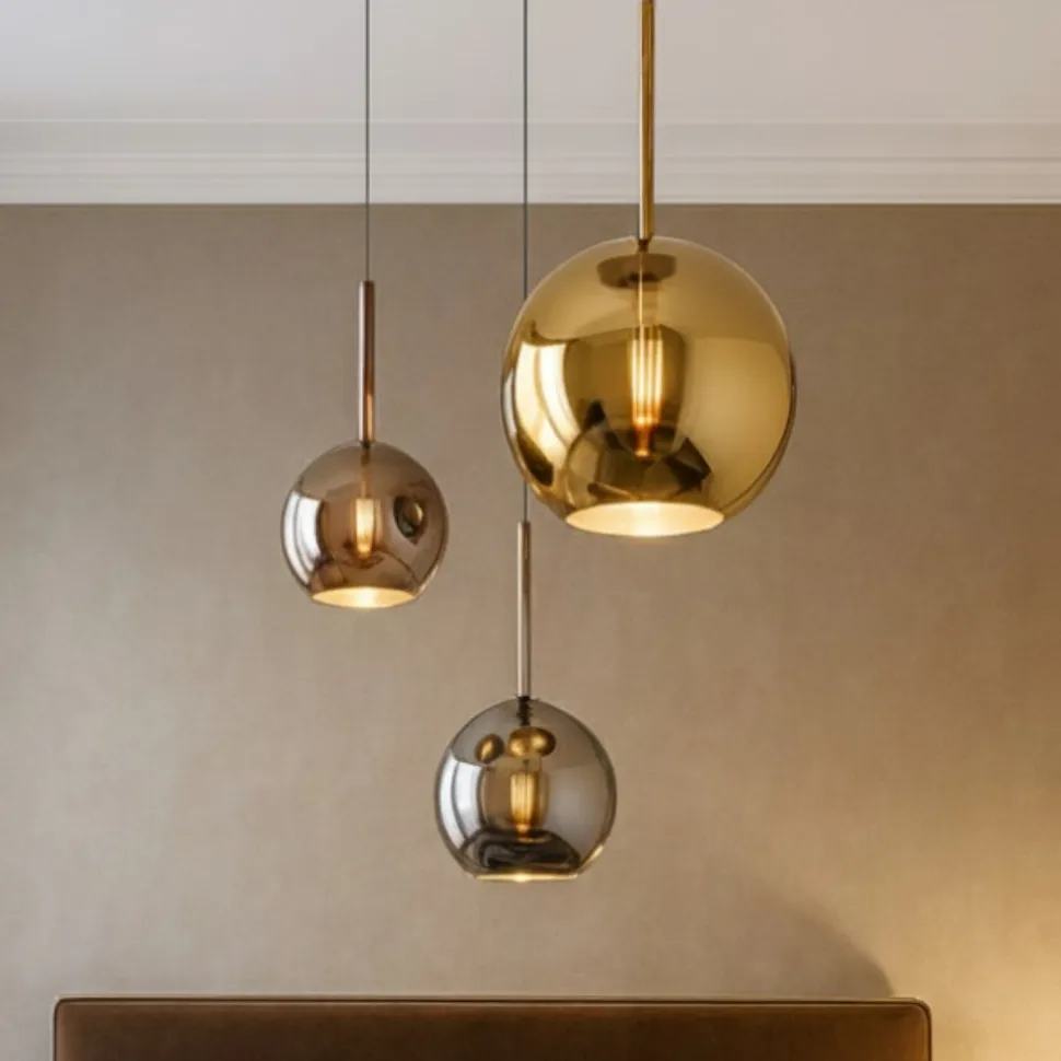 Lampadario 3 luci pendenti da camera da letto sfere vetro cromo oro rame