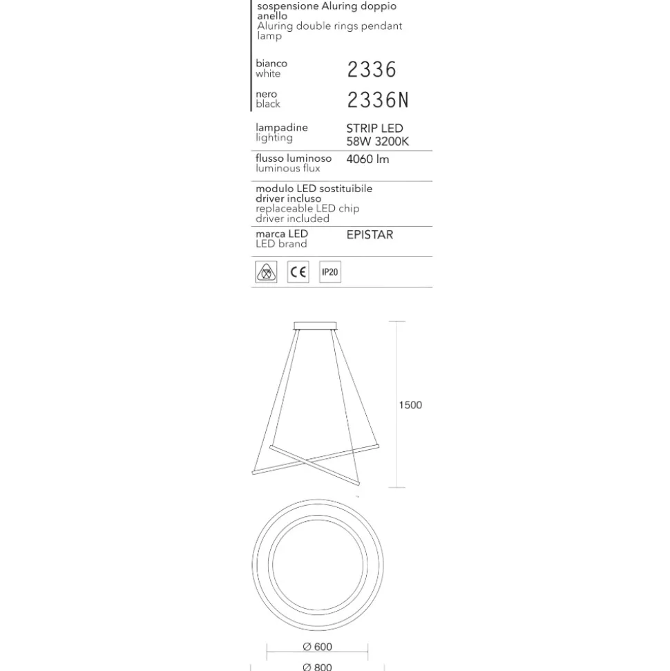 Lampadario moderno led 58w 3200k cerchi nero affralux aluring