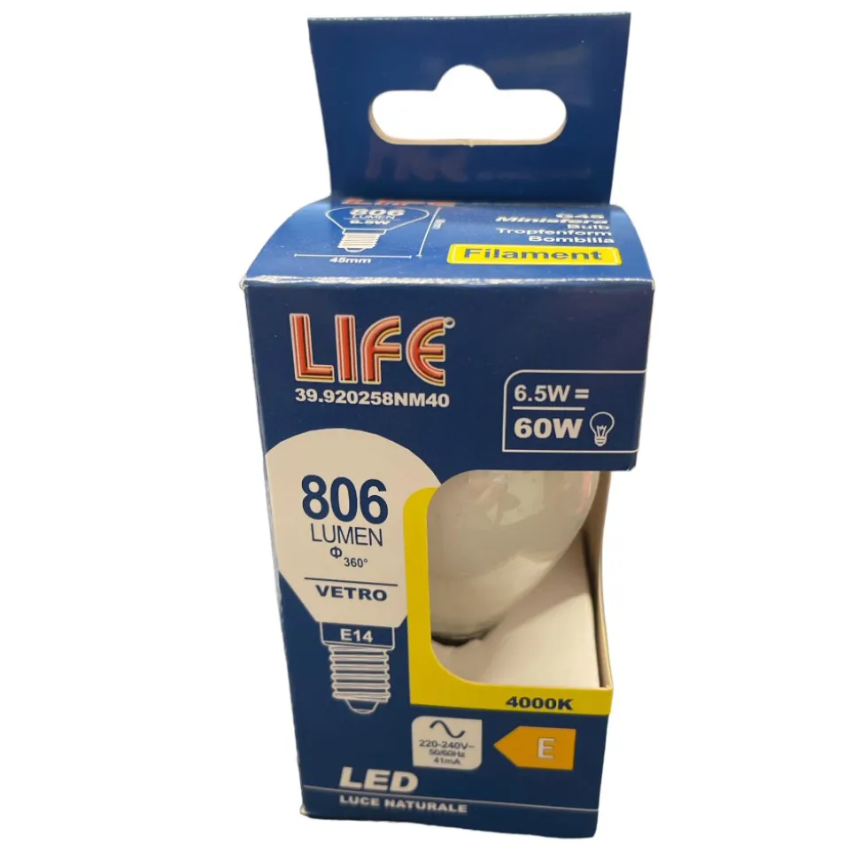 Lampadina e14 led 6,5w 4000k 806lm vetro bianco life mini sfera milky