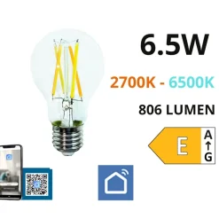 Lampadina led e27 6,5w 806lm life vetro 2700k-6500k bluetooth dimmerabile