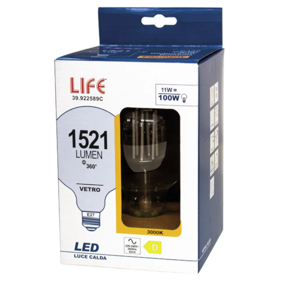 Lampadina led globo g125 e27 trasparente 11w 3000k 1521 lumen