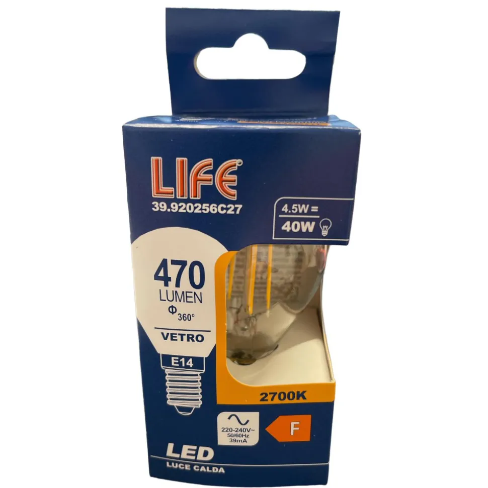 Lampadina minisfera led 4.5w e14 2700k 470lm vetro trasparente
