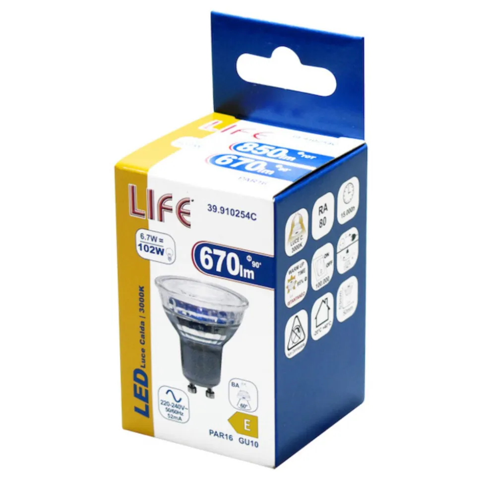 Life lampadina di vetro gu10 led 6,7w 3000k ottica 60 670lm cri80
