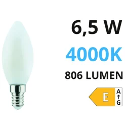 Life lampadina led e14 candela 6.5w 4000k 806lm vetro bianco milky