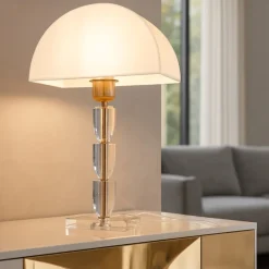 Maytoni prima lampada per tavolo soggiorno oro ottone paralume mezza luna