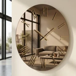 Orologio rotondo moderno 80cm specchio bronzo e numeri foglia oro