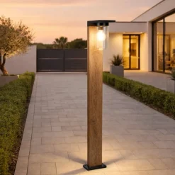 Paletto lampione da giardino effetto legno con vetro sensore crepuscolare