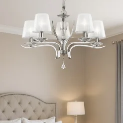 Pegaso sp5 ideal lux lampadario 5 luci cromo paralumi organza stanza da letto
