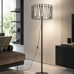 Piantana nera design moderna paralume cilindro tessuto nero intrecciato