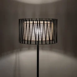 Piantana nera design moderna paralume cilindro tessuto nero intrecciato