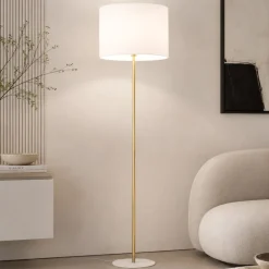Piantana oro lucido paralume tessuto nero per soggiorno contemporaneo