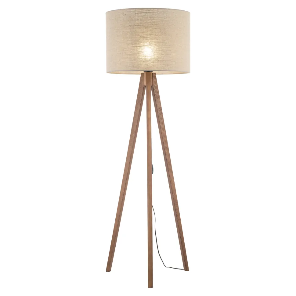 Piantana scandinava tre piedi di legno noce paralume lino beige