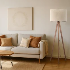Piantana scandinava tre piedi di legno noce paralume lino beige