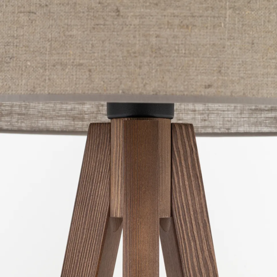 Piantana scandinava tre piedi di legno noce paralume lino beige