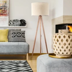 Piantana scandinava tre piedi di legno noce paralume lino beige