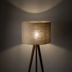 Piantana scandinava tre piedi di legno noce paralume lino beige