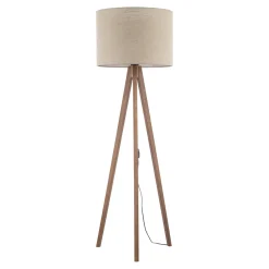 Piantana scandinava tre piedi di legno noce paralume lino beige