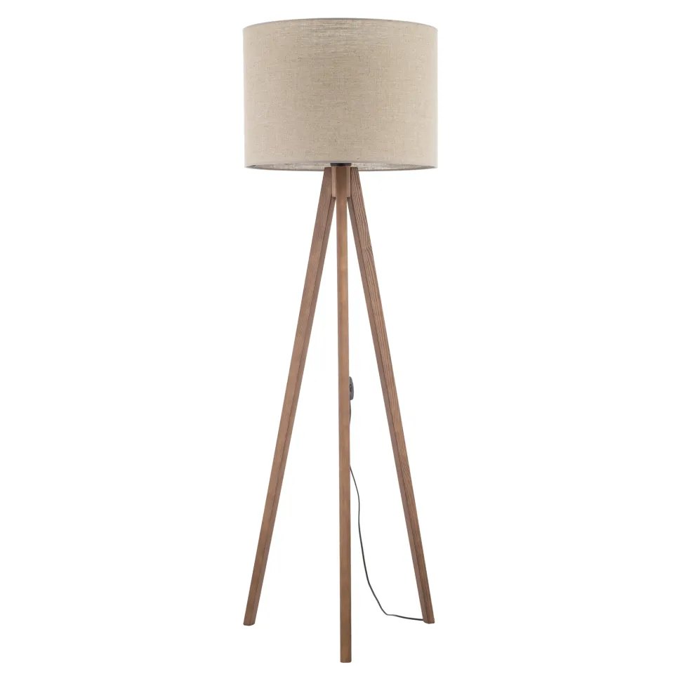 Piantana scandinava tre piedi di legno noce paralume lino beige