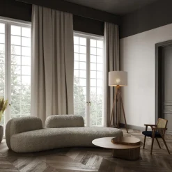 Piantana scandinava tre piedi di legno noce paralume lino beige