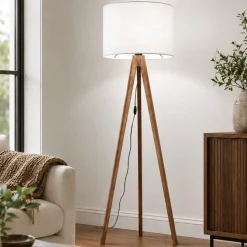 Piantana tre piedi di legno noce scandinavo paralume lino
