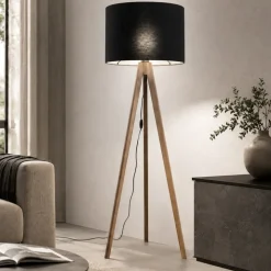 Piantana tre piedi di legno noce paralume lino nero