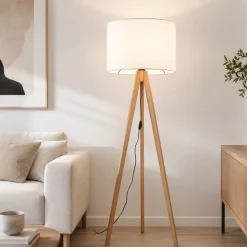 Piantana tre piedi in legno pino scandinavo con paralume lino