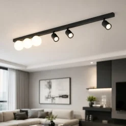 Plafoniera binario 159cm nero con faretti orientabili sfere vetro fp