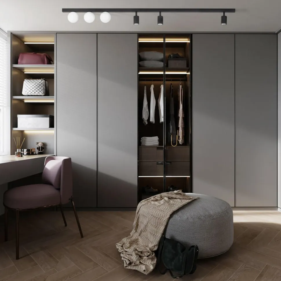 Plafoniera binario 159cm nero con faretti orientabili sfere vetro fp