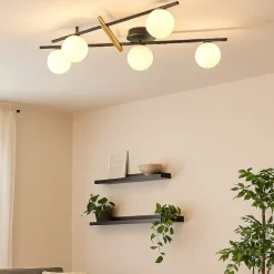 Plafoniera miloox kika nera e oro design moderno 5 sfere vetro bianco