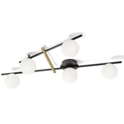 Plafoniera miloox kika nera e oro design moderno 5 sfere vetro bianco