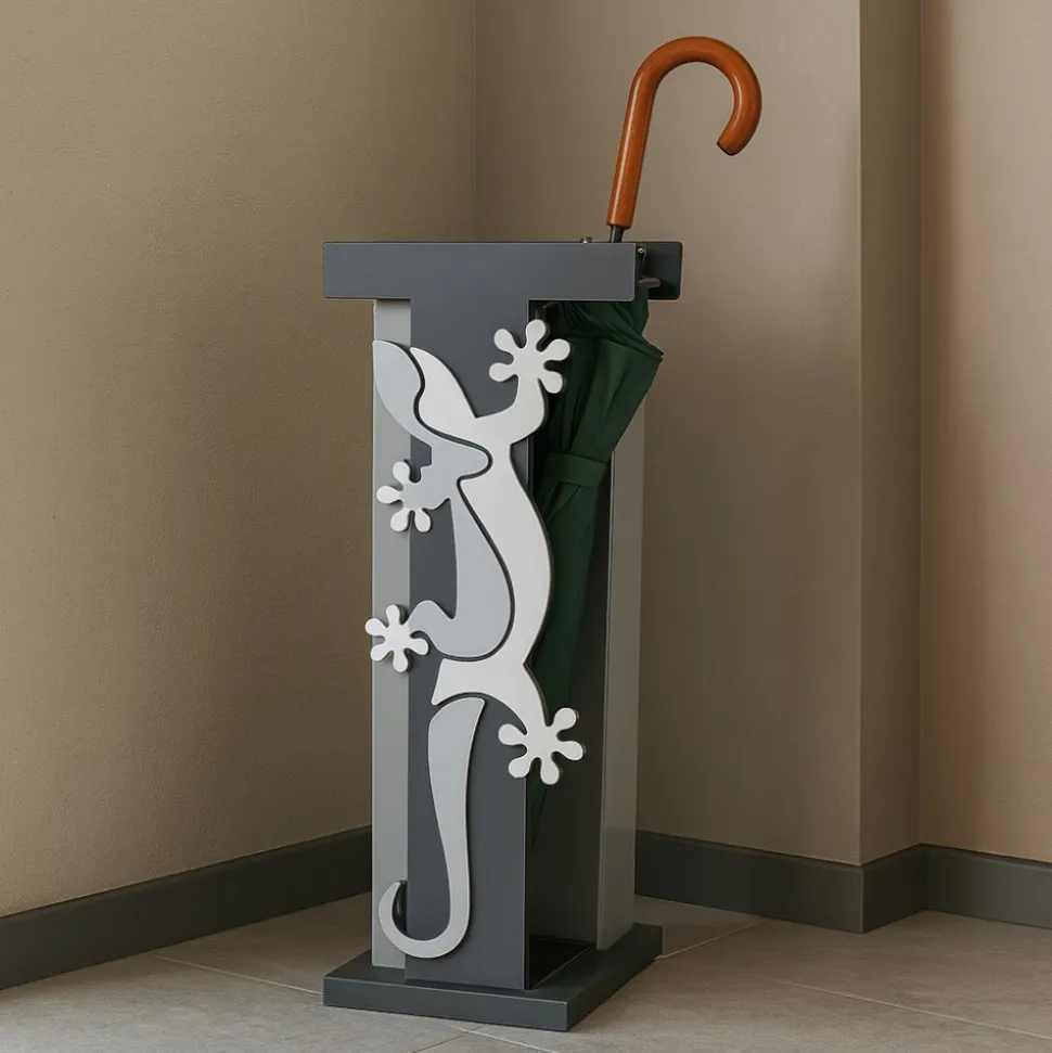 Portaombrelli moderno con geko legno bianco grigio