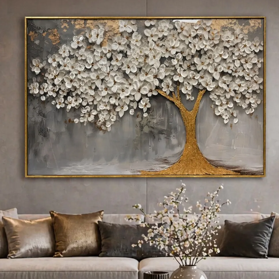 Quadro albero decorato 120x80 cornice oro decoro resina lucido